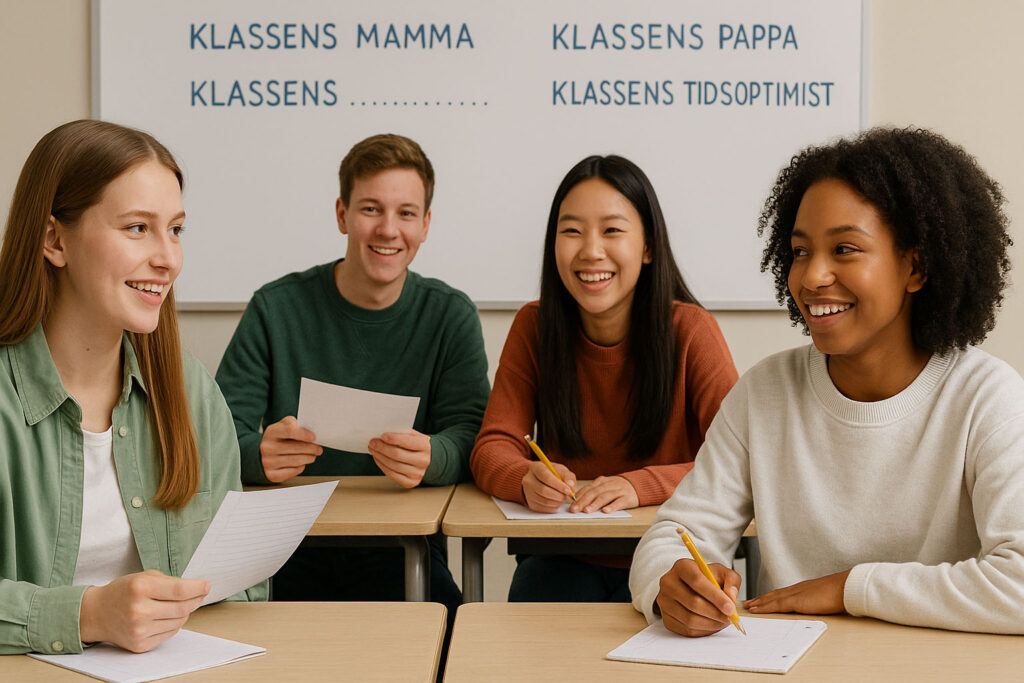 En skolklass som går igenom klassens nomingerinar för klassens mamma, klassens pappa och klassens tidsoptimist.
