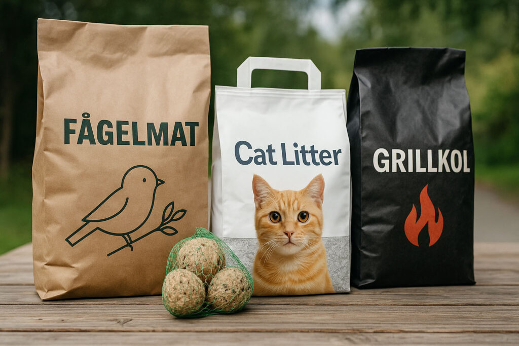 Olika produkter som kan användas vid klassförsäljning. Fågelmat, kattströ, grillkol