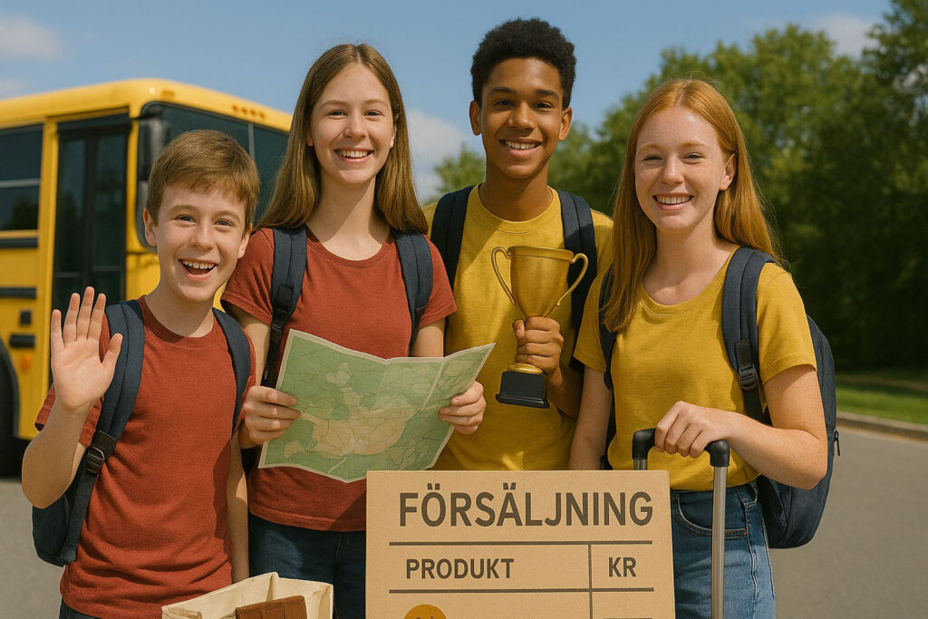Fyra barn innan de åker iväg på sin klassresa, som de tjänat ihop pengar för via klassenolagets försäljning.