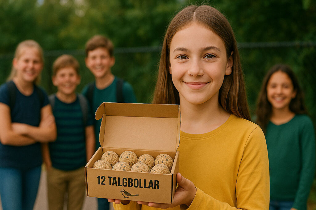 Miljövänlig klassförsäljning, ett barn visar upp en av sina produkter - en låda med talgbollar.